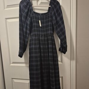 NWT MADEWELL Midi Plaid Smocked Long Sleeve Dress, Sz Med